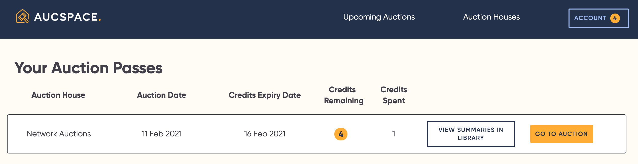 Image of My Auction Passes screen