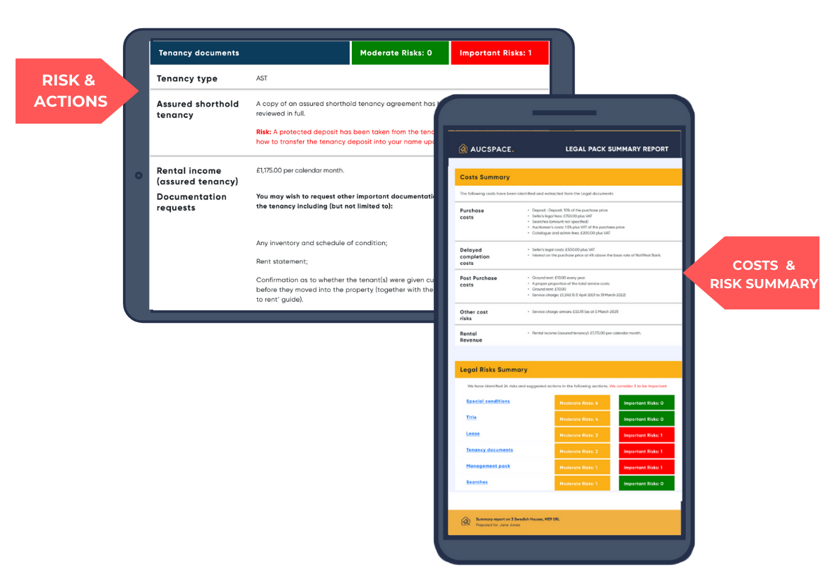 Sections of the Aucspace Legal Risks & Cost Report displayed on an illustrated mobile phone and tablet